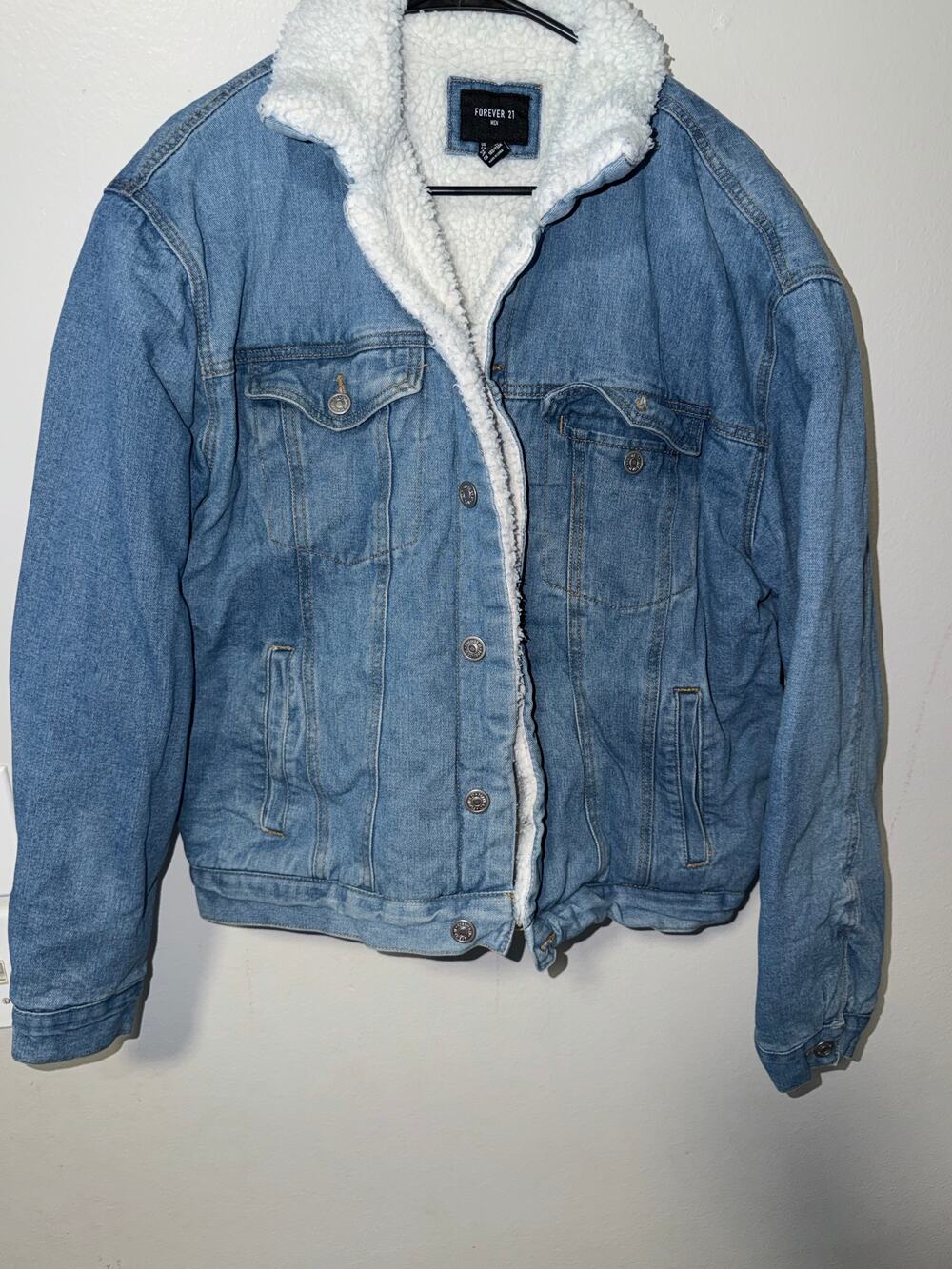 Forever 21 Blue Denim Jacket Sherpa Lined Snap Front Chest Flap Pockets